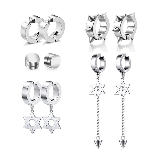 5 Pairs Silver Stainless Steel Non-Piercing Spike Rivet Star of David Dangle Tassel Clip on Hoop Earrings Set for Women Men, Non Pierced Fake Ear Clip Stud Earrings