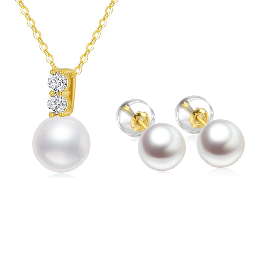 Gold Plated Silver Lab Grown Pearl Necklace and Real 18k Gold Earring Set for Women, Jewelry Set Gifts for Her