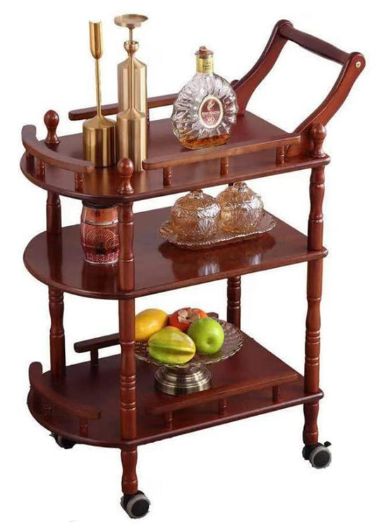 Wiz Conal Entertainment Kitchen Cart, Midcentury Modern Imported rubberwood Brown Finished Wood 3-Tier Mobile Bar Cart Serving Cart