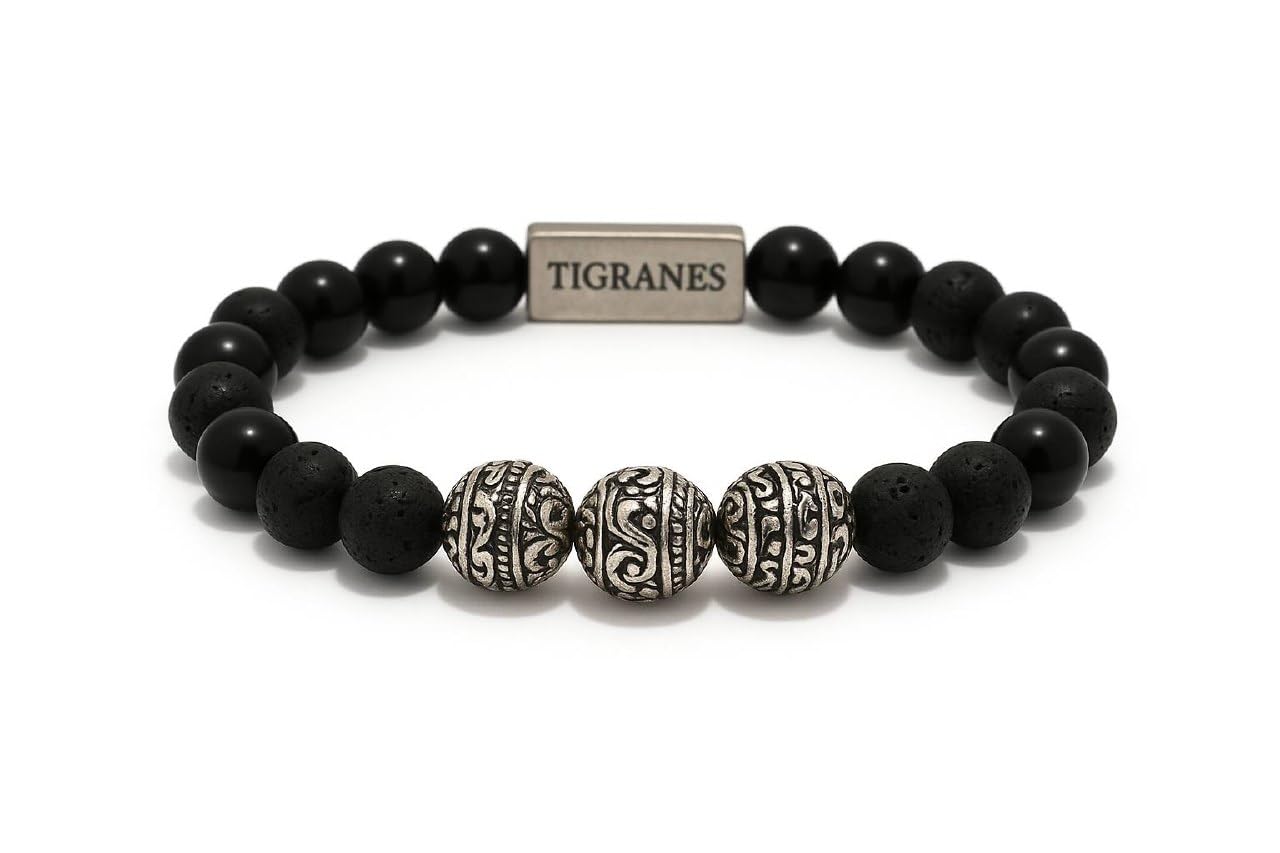 Onyx & Lava Stone Bracelet – Premium Handmade Natural Stone Jewelry with Stainless Steel Logo Plate (Onyx & Lava)