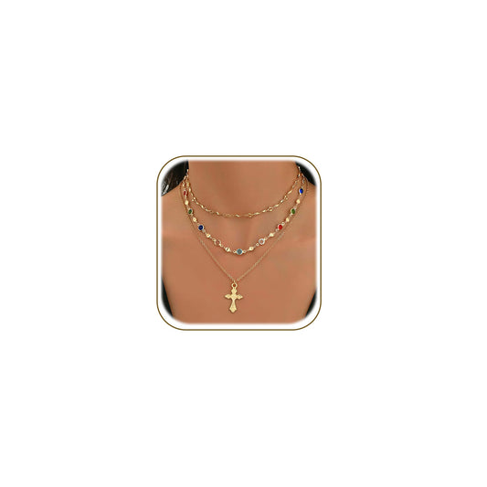 3PCS Layered Gold Cross Necklaces for Women Trendy, Bohemian Bead Pearl Y Long Pendant Necklace Set, Vintage Rosary Necklace Stack Adjustable Length