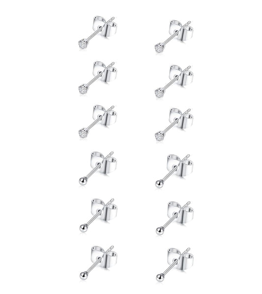 6 Pairs 2mm CZ & Ball Stud Earrings Set, Hypoallergenic Stainless Steel Tiny Stud Earrings Set for Women Men, 20G Silver Small Round Earrings for Multiple Piercings Cartilage Earlobe