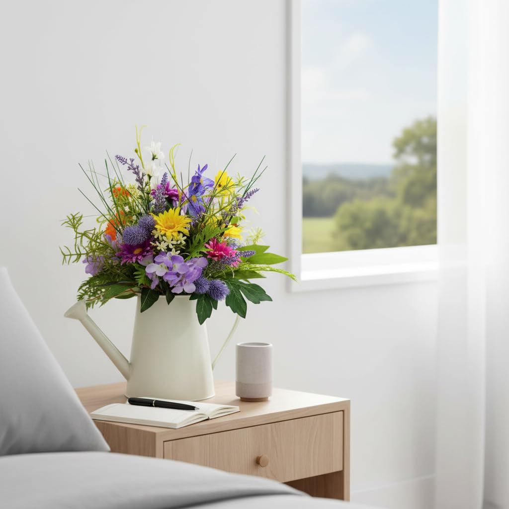 Lnymura 14 Inch Farmhouse Floral Centerpiece in Watering Can, Lighted Spring Summer Wildflower Arrangement with Timer Daisies for Table Decor Home and Kitchen