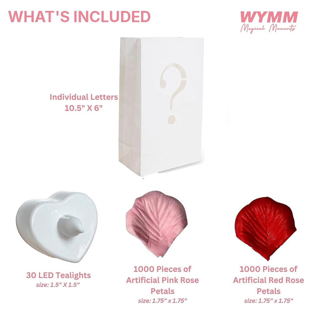 WYMM It Was Always You Light Up Letters with 30 Tea Lights Candles and 1000 Red & Pink Rose Petals - Luminary Bags Engagement Party Decorations & Anniversary Decorations Ideal Gift For Men & Women