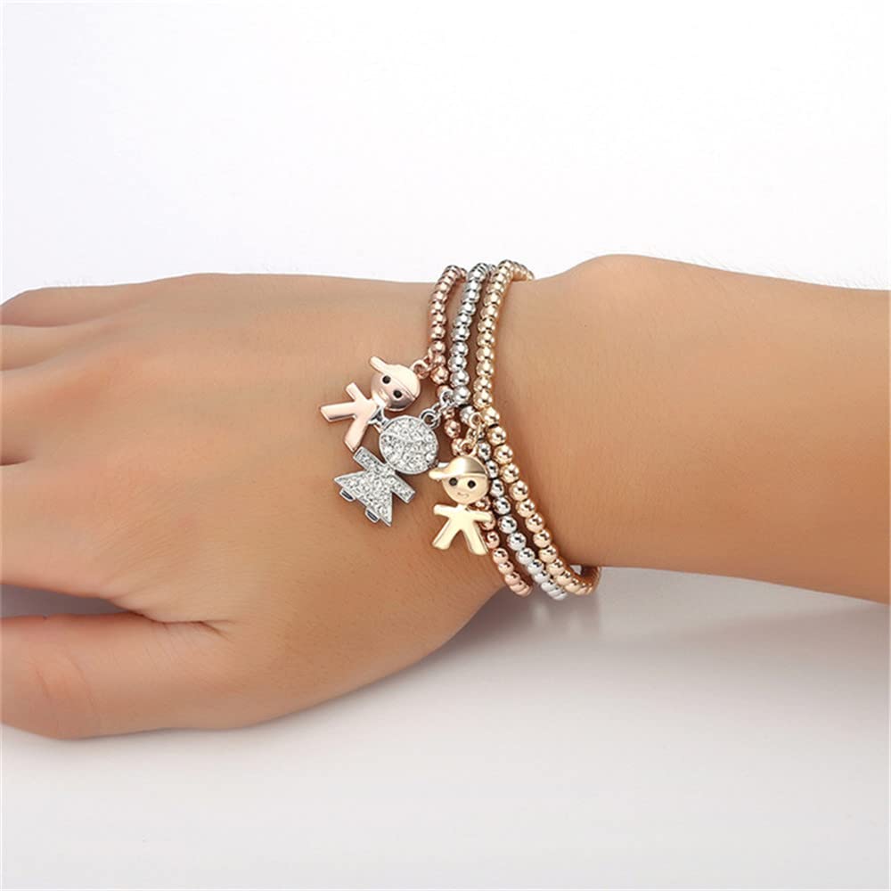 SILANER Crystal Charms Multilayer Bracelets - 3PCS Gold/Silver/Rose Gold Corn Chain Bracelet for Women, Tree of Life Heart Shaped Stretch Bracelet (Mom and Daughter)