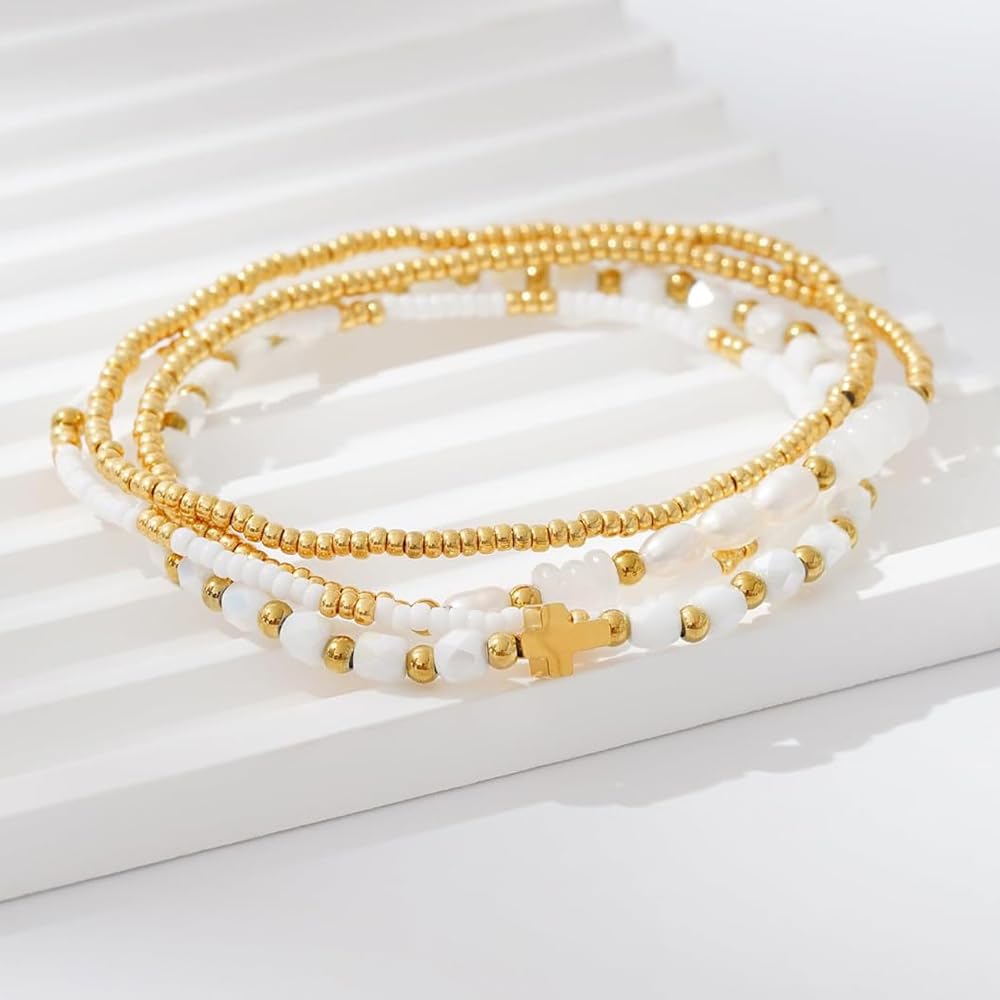 Bohxantium Gold Pearl Crystal Cross Bracelet for Women 14K Gold Plated Beads Pearl White Crystal Beaded Bracelet Stack Stretch Stackable Non Tarnish Trendy Jewelry Friendship Christian Gift for Women