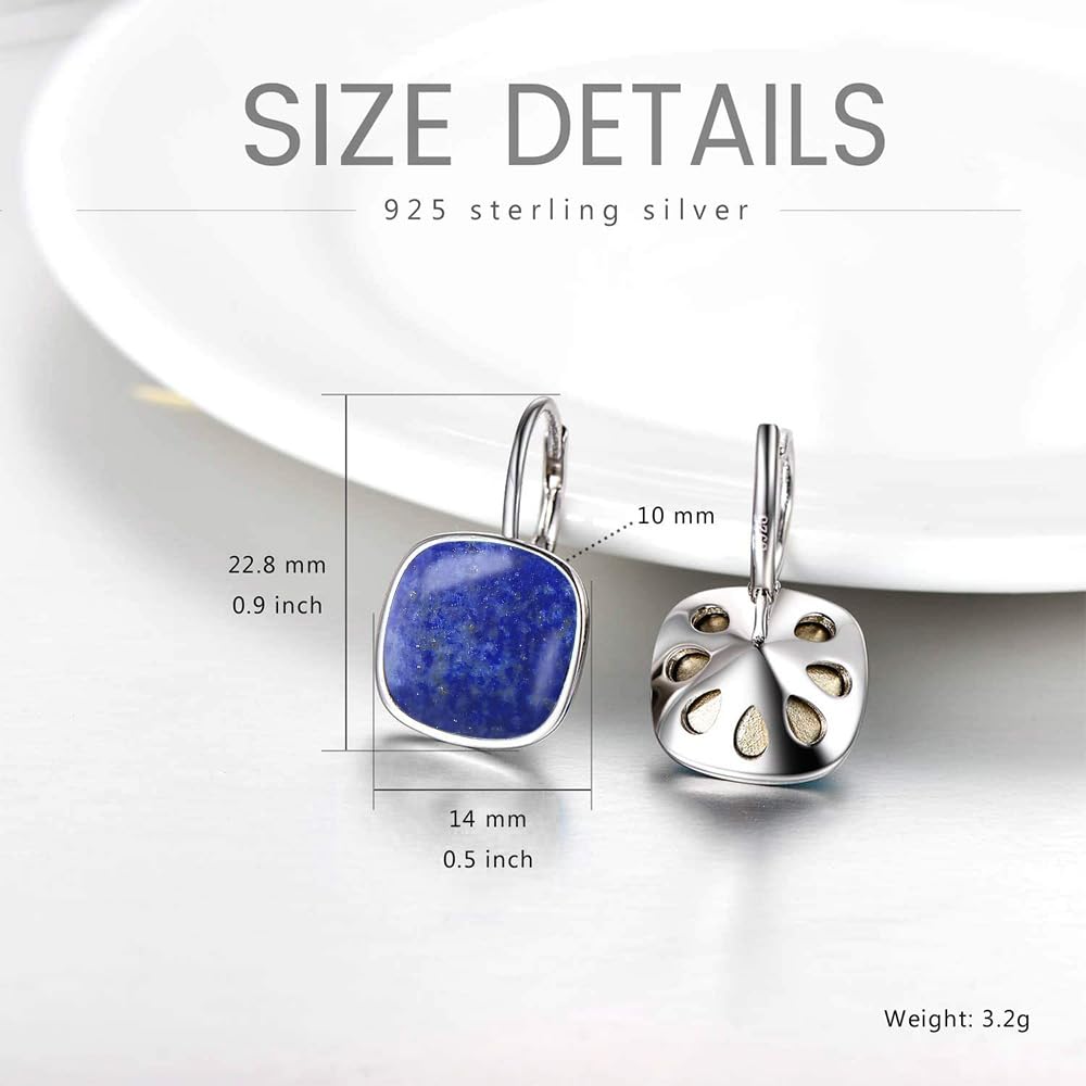 AOBOCO Sterling Silver Leverback Earrings Embellished with Crystals from Austria, Hypoallergenic Cushion Cut Square Crystal Earrings, Fine Anniversary Birthday Jewelry Gifts for Women (lapis)