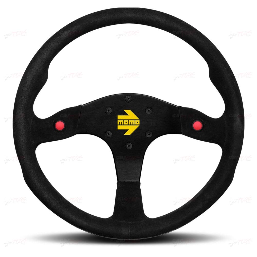 MOMO Motorsport MOD.80 Suede Racing Steering Wheel – 350mm, 33mm Deep Dish, 2 Buttons, 3-Spoke, 6-Bolt Aluminum Frame – Authentic MOMO Italian Aftermarket Wheel. Quick Release Hub Adapter Required