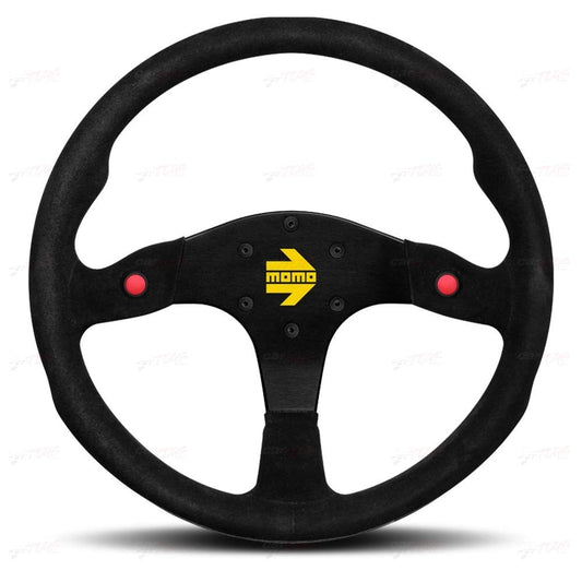MOMO Motorsport MOD.80 Suede Racing Steering Wheel – 350mm, 33mm Deep Dish, 2 Buttons, 3-Spoke, 6-Bolt Aluminum Frame – Authentic MOMO Italian Aftermarket Wheel. Quick Release Hub Adapter Required