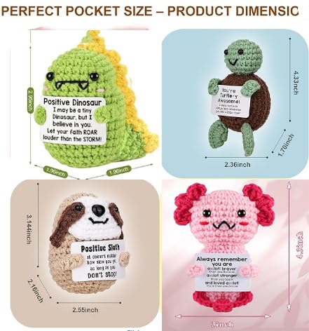 Fydatrading mini Positive Dolls Bulk Gifts - 4pcs Cute Emotional Support Animals Desk Decor with Cards, Emotional Support Crochet Animals for Friends, Funny Knitted Small Gifts for Christmas.
