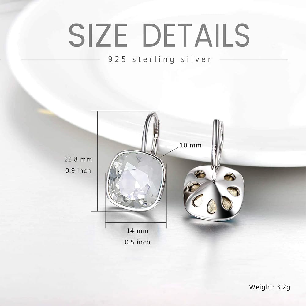 AOBOCO Sterling Silver Leverback Earrings with Crystals, Hypoallergenic Cushion Cut Square Crystal Earrings, Fine Anniversary Birthday Jewelry Gifts for Women, White
