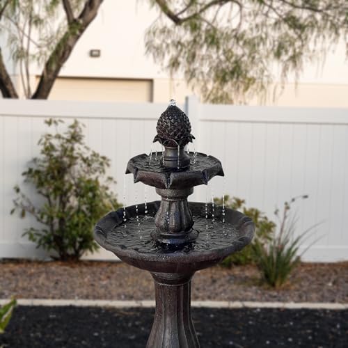 XBrand 44" 2-Tier Solar Water Fountain, Fiberglass/Resin Outdoor Fountain with Solar Panel & Auto Shut-Off Pump, Dark Brown