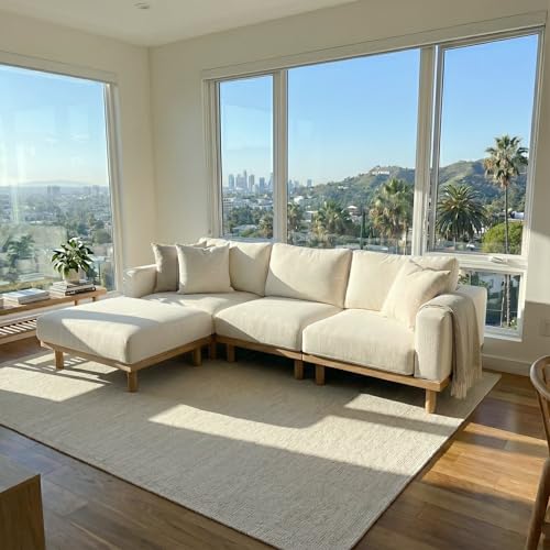 Acanva Minimalist Modular Sectional Sofa for Living Room, Wide & Deep Seat Convertible Furniture Set with Metal Frame and Movable Covers, L-Shaped Couch, Off White