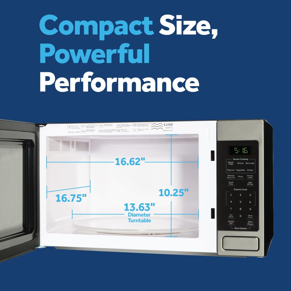 GE Countertop Microwave Oven, 1,150-watt Capacity, 1.6 Cubic Ft., 8 Auto Setting Cooking Settings, Child-Lock Technology, Kitchen Essentials for the Countertop, Dorm Room or Apartment, Stainless Steel