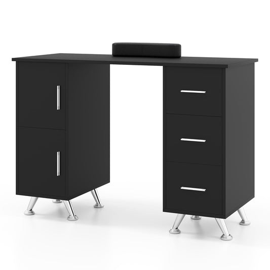 WELLHUT Nail Desk, Manicure Table for Nail Tech, Wooden Salon Station, Acetone Resistant Nail Table Computer Desk with 3 Drawers, 2 Large Cabinets, Removable Arm Rest for Home Spa Beauty Salon
