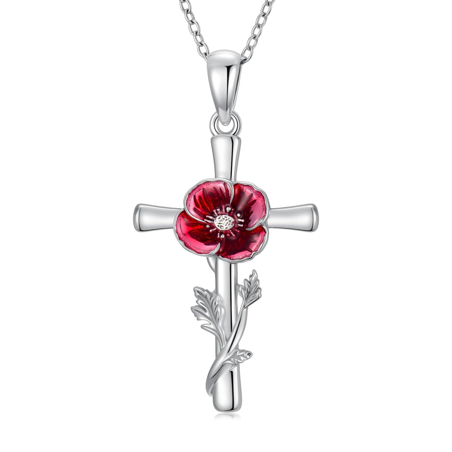 Cargari Red Poppy Flower Cross Necklace 925 Sterling Silver Poppy Cross Pendant Necklace Religious Floral Jewelry Gift for Women