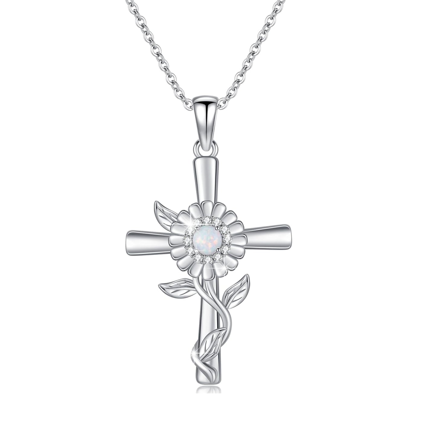 MOPOPOK Daisy Cross Necklace 925 Sterling Silver Daisy Pendant Necklace Cross jewelry Gift for Women Mom Daughter