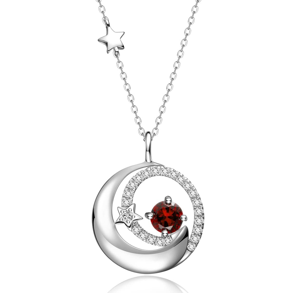 FANCIME Garnet January Birthstone Necklace for Women 925 Sterling Silver Moon Star Pendant Necklaces Red Gemstone Fine Jewelry Birthday Mothers Day Gifts for Women Mom Daughter