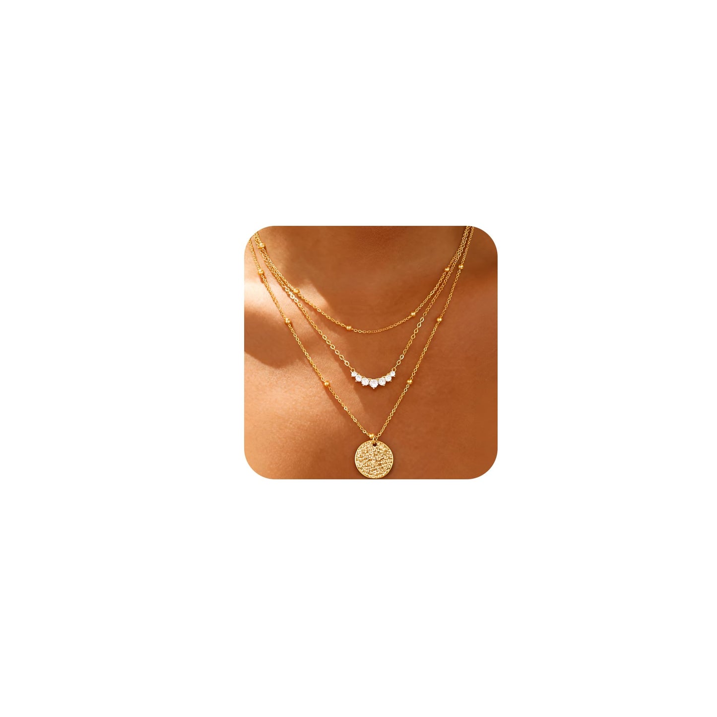 Layered Gold Necklaces for Women Stackable Dainty 14K Gold Plated Silver Chain Necklace Layering Cute Fashion Pendant Choker Necklaces Trendy Jewelry Set Gifts for Women (hammered texture round, golden)