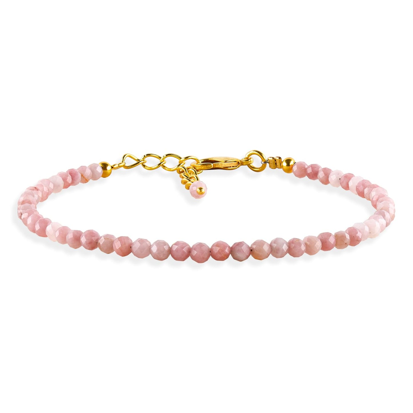 Natural Pink Opal Gemstone Micro Beads Dainty Bracelet Jewelry for Women, October Birthstone, Chakra Energy Crystals, 14k Gold Plated Chain 8 inch Adjustable