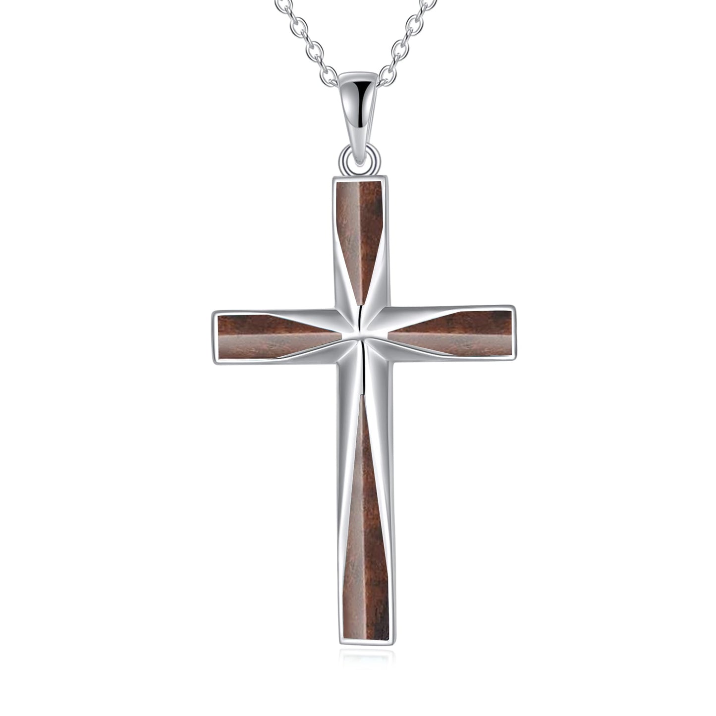 ONEFINITY Religious Wood Cross Necklace Sterling Silver Origami Cross Pendant Gifts for Women Men Jewelry (Wood Cross)