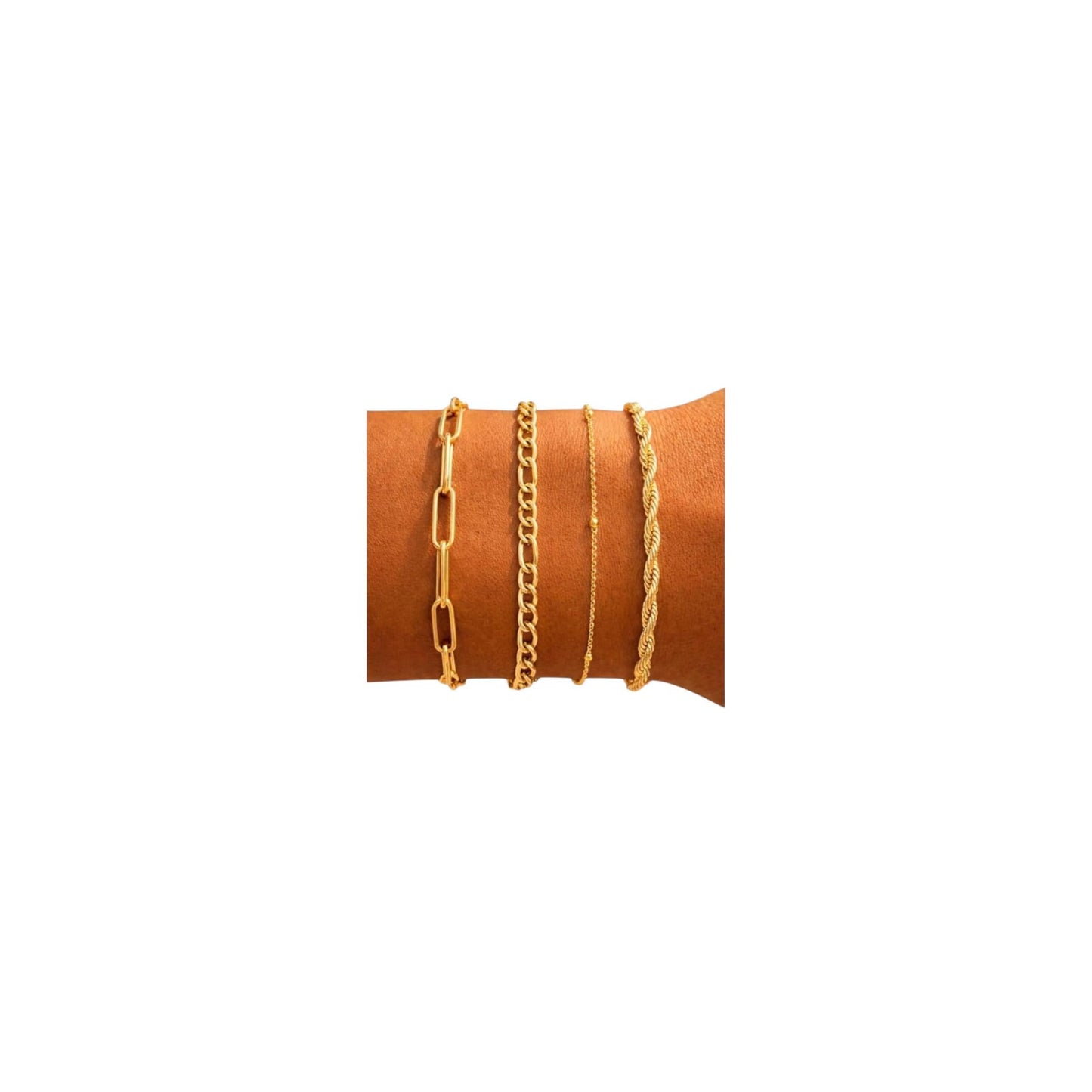 Waterproof Gold Stackable Bracelets Set for Women 4-Piece Stacked Bracelets, 18K Gold Plated Stainless Steel Women’s Bracelet Set, Dainty Layered Bracelets (Paperclip, Figaro, Rope, Satellite)