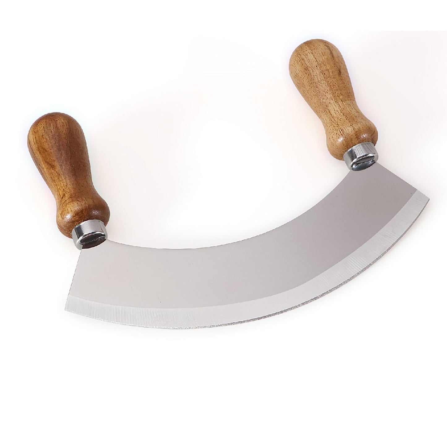 ROQILA 6.8 Inch Stainless Steel Mezzaluna Knife - Salad Chopper Rocker Pizza Cutter Rocker Knife Curved Blade Sharp Blade Double Acacia Wood Handle Fruit Vegetable Mincing (6.8 Inch Silver)