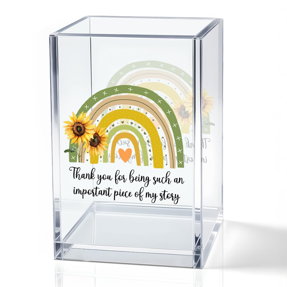 MGLZXLU Thank You For Being Such An Important Piece Of My Story Acrylic Pencil Pen Holder Cup, Teacher Makeup Brush Storage Organizer, Teachers' Day Desk Accessories Holder Gifts for Teacher Mentor