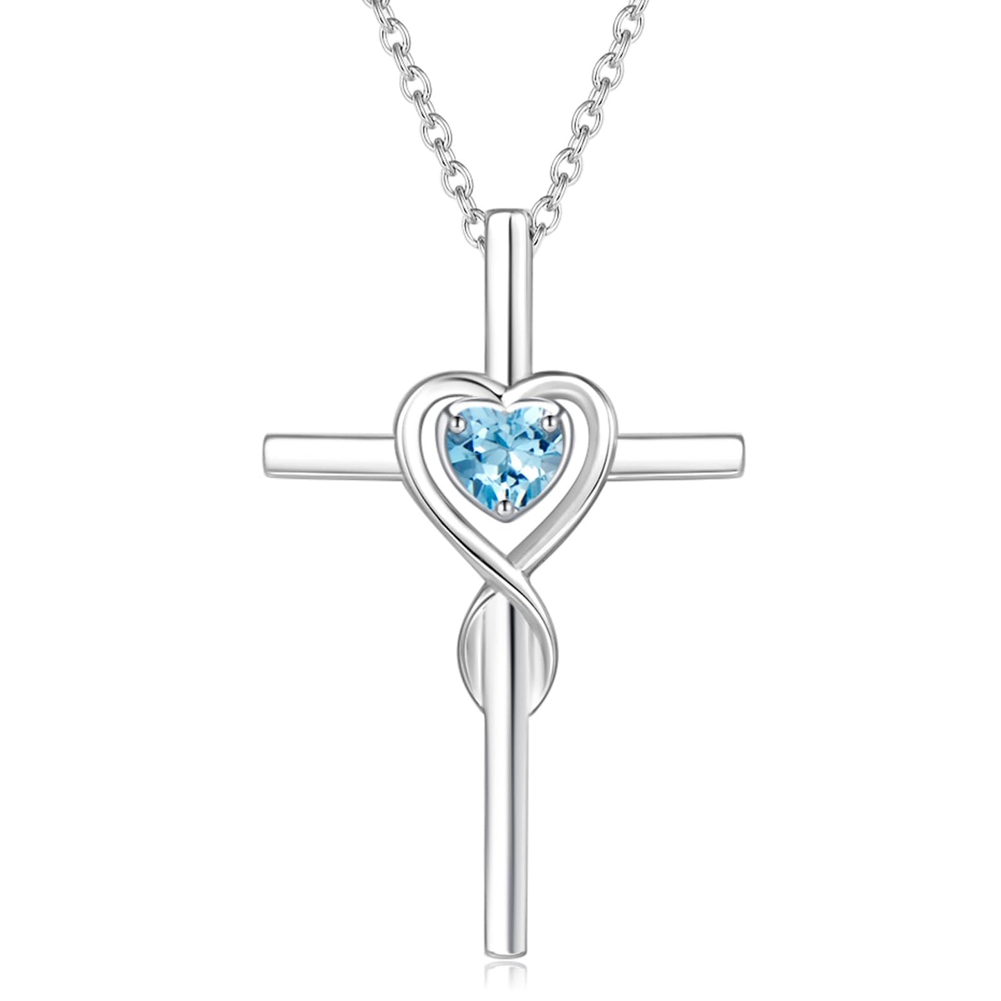 FANCIME Aquamarine Cross Necklace For Women Sterling Silver Birthstone Necklace Aquamarine Heart Cross Pendant March Birthstone Jewelry Gifts Valentines Day Gifts for Women