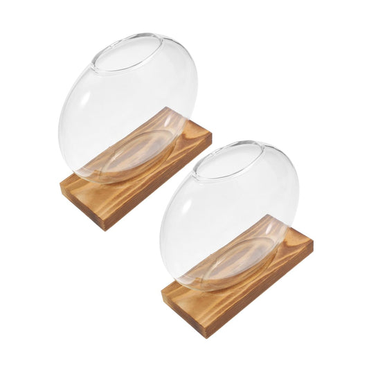 TINEASUR Propagation Glass Vase Set with Wooden Stand, Hydroponic Plant Holder for Indoor Desk, Desktop Planter for Root Observation and Plant Cultivation, 2pcs Home Office Terrarium