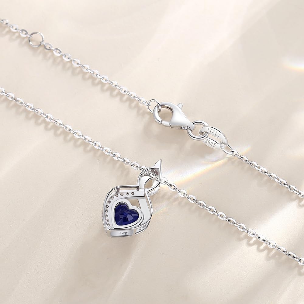 FANCIME Sapphire Necklace 14K Solid White Gold Heart Pendant with Diamond September Birthstone Necklace Jewelry Gifts for Mom Women