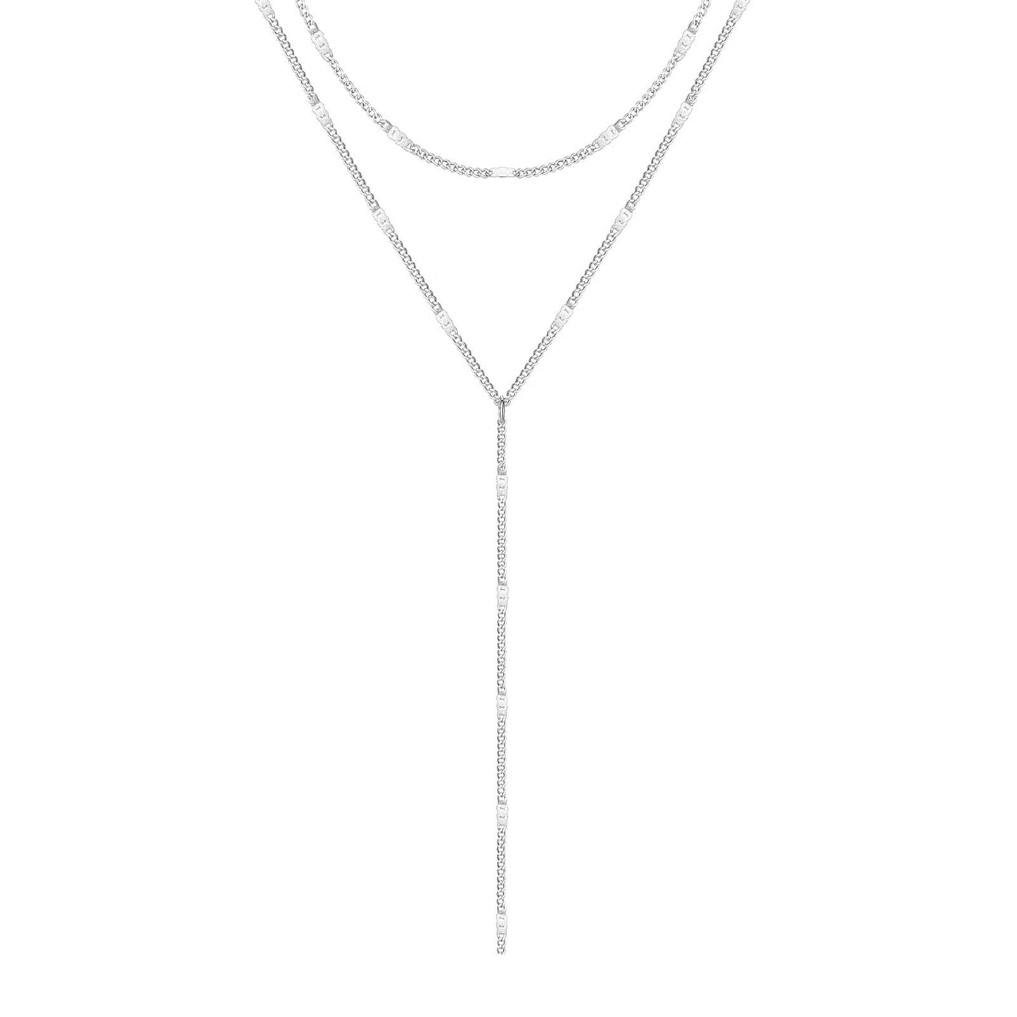 Zeffy Dainty Long Silver Necklaces for Women Trendy Lariat Y Necklace Layered Bar Drop Necklaces Simple Y-Shaped Chain Jewelry Gift