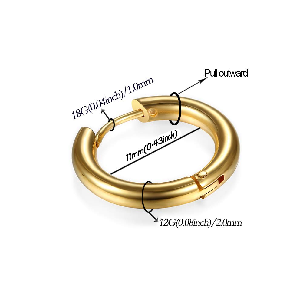 316L Surgical Stainless Steel Huggie Hoop Earrings 11mm Hypoallergenic Earrings Hoop Cartilage Helix Lobes Hinged Sleeper Earrings For Men Women (D01:11mm Gold(THK 2.0mm))
