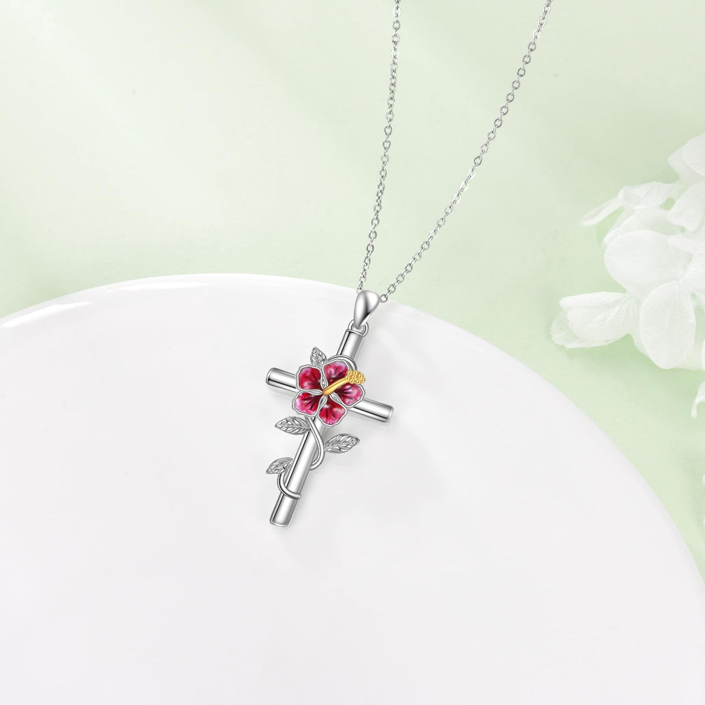 Hibiscus Necklace 925 Sterling Silver Hibiscus Cross Pendant Necklace Hawaiian Flower Jewelry for Women