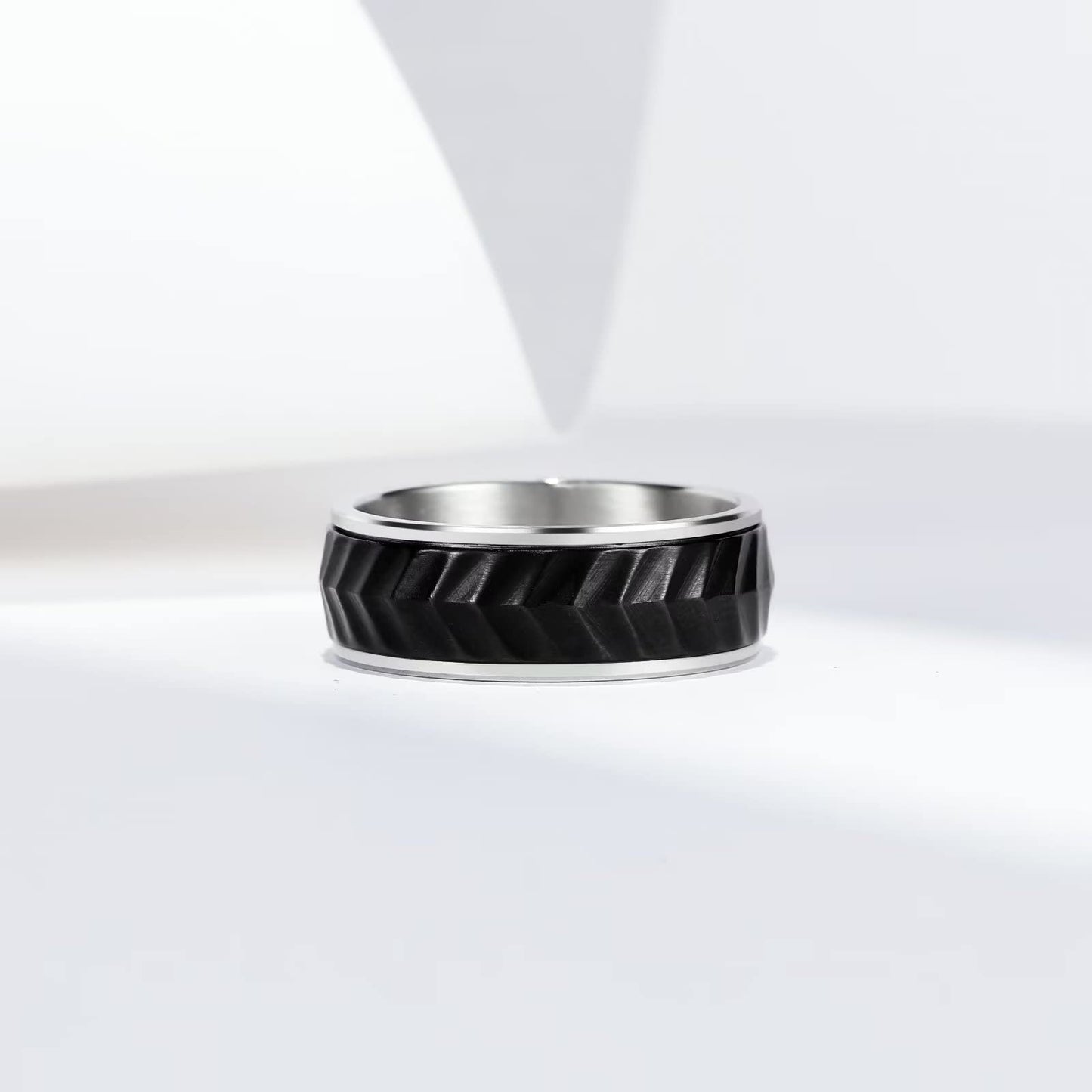King Will Mens Black Silver 8mm Spinner Rings Tire Thread Stainless Steel Anxiety Fidget Ring for Men Tire Stripe Groove Spinner Ring 7