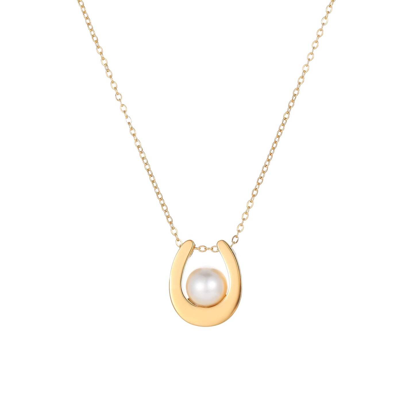 NONAMOIS 18K Gold Plated Pearl Necklace for Women Stainless Steel Dainty Gold Lucky Horseshoe Pendant Choker Necklace Trendy Non Tarnish Jewelry