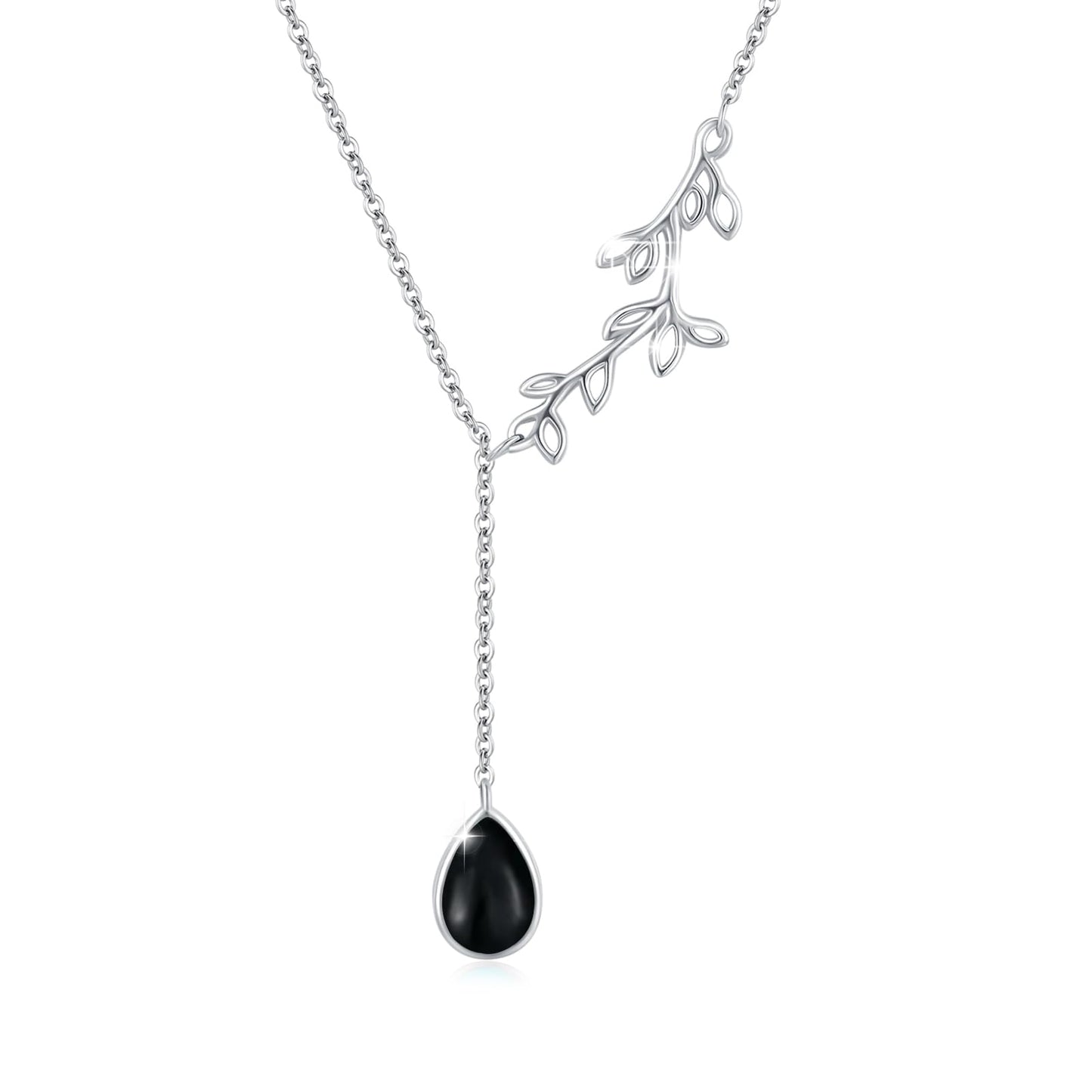 Silikepa Leaf Necklace for Women 925 Sterling Silver Leaf Pendant Necklace Y Chain with Black Onyx Jewelry Gifts for Women