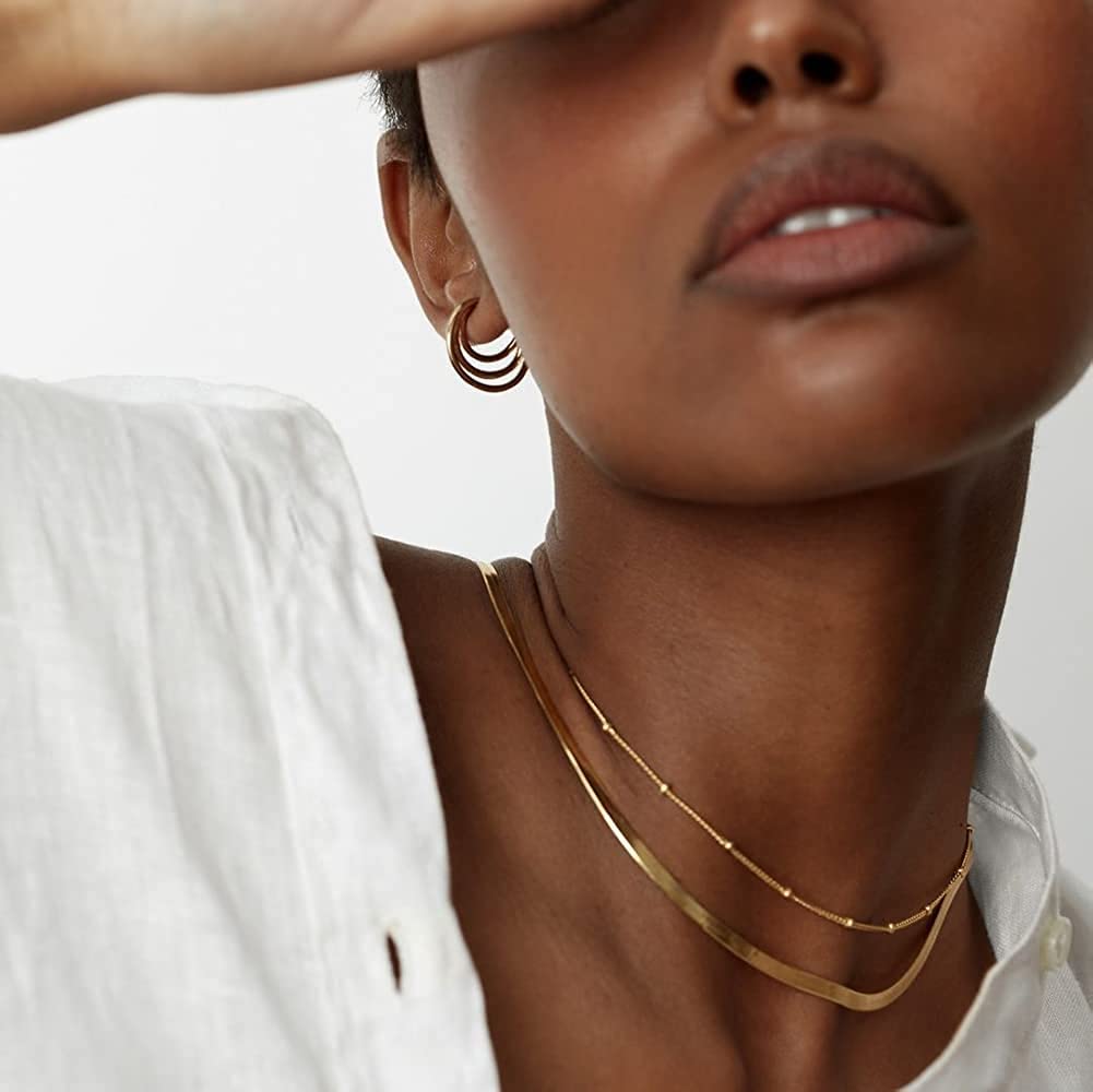 Freekiss Gold Necklace for Women Herringbone Necklace for Women Simple Layered Necklaces for Women Dainty Gold Choker Necklace Stack Necklaces for Women