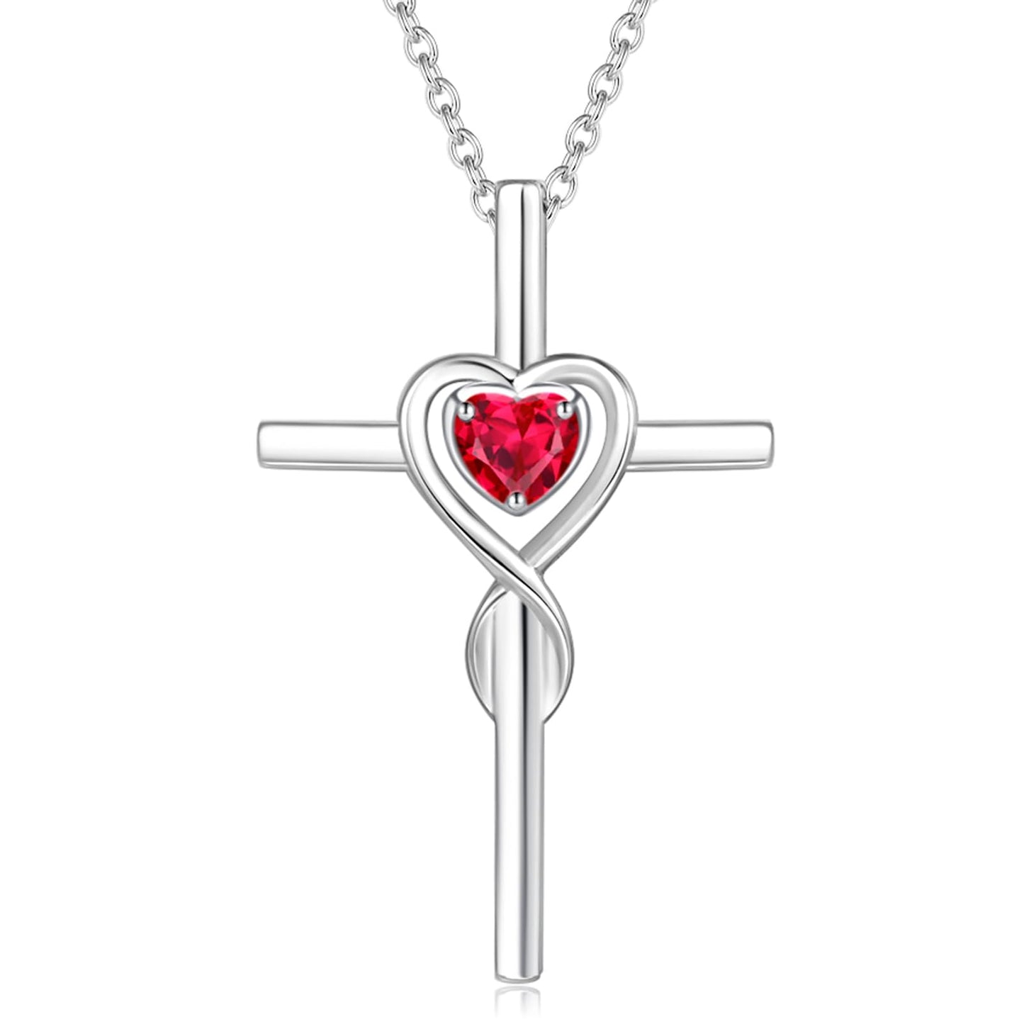 FANCIME Ruby Cross Necklace For Women Sterling Silver Birthstone Necklace Ruby Infinity Heart Cross Pendant July Birthstone Jewelry Gifts Valentines Day Gifts for Women