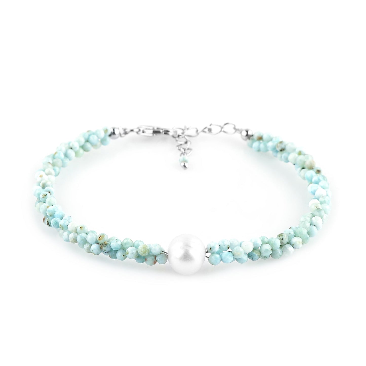 CRYSTALIS Natural Caribbean Larimar Beads Twisted Rope Bracelet with Elegant Pearl, High Grade Gemstones, Chakra Healing Stones, Womens Gift Jewelry, Silver Plated Brass Bracelet 8 inch