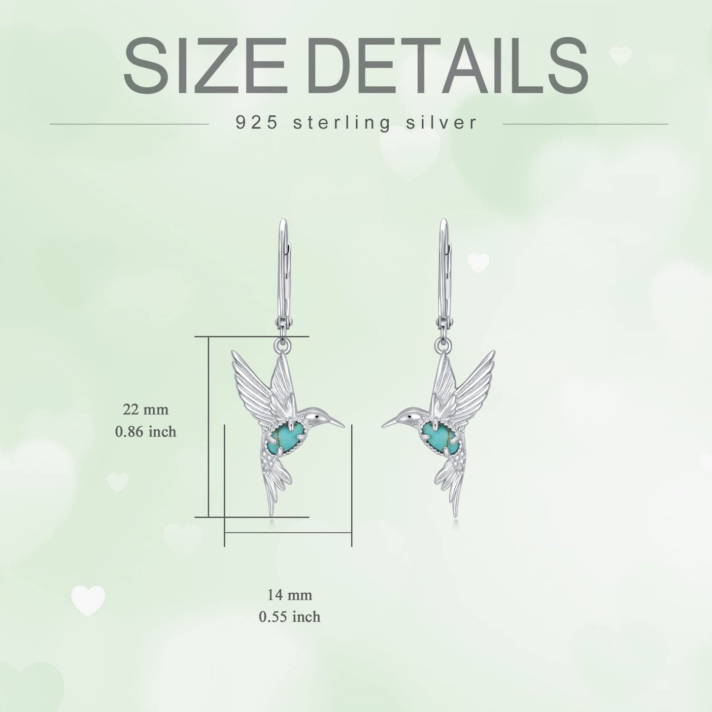 BETHZA Hummingbird Earrings 925 Sterling Silver Genuine Turquoise Hummingbirds Drop Dangle Earring Animal Jewelry Gifts for Women