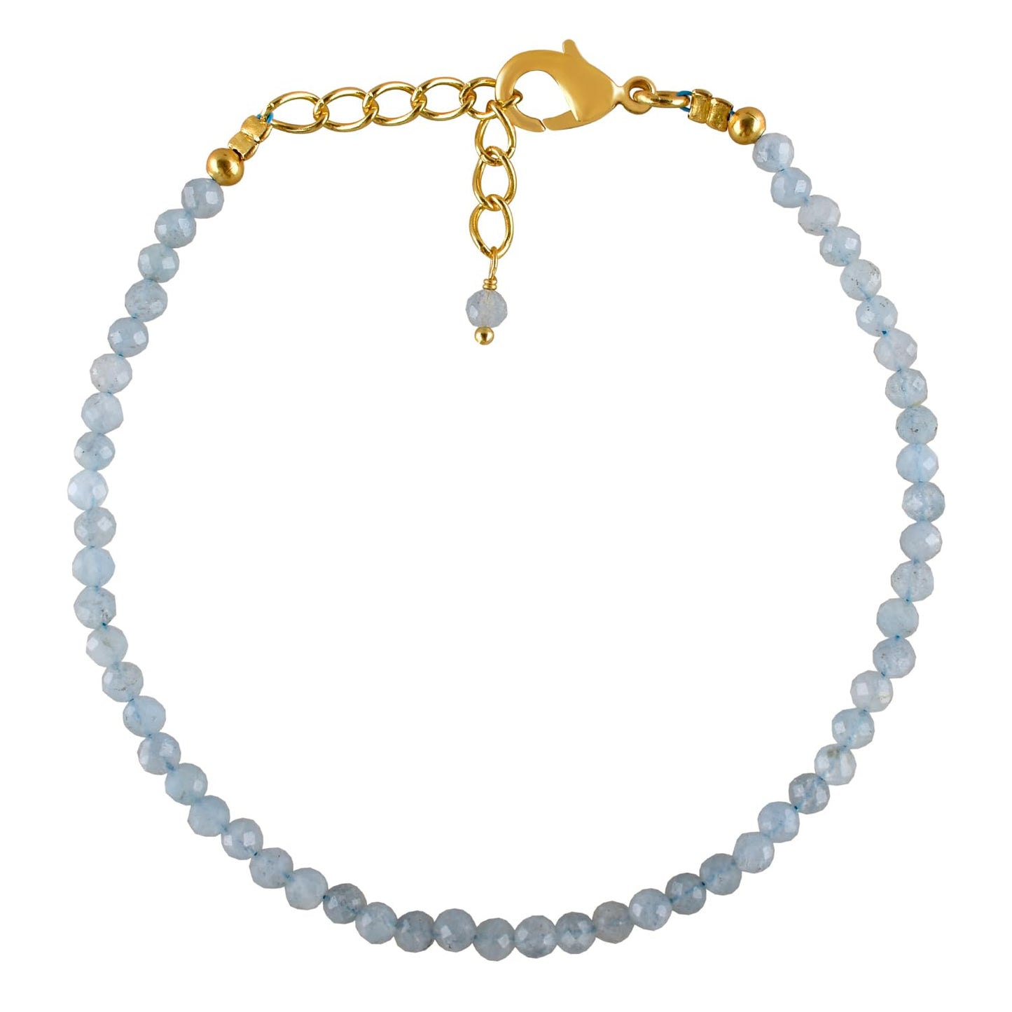 Natural Blue Aquamarine Gemstone Micro Beads Dainty Bracelet Jewelry for Women, March Birthstone, Chakra Energy Crystals, 14k Gold Plated Chain 8 inch Adjustable
