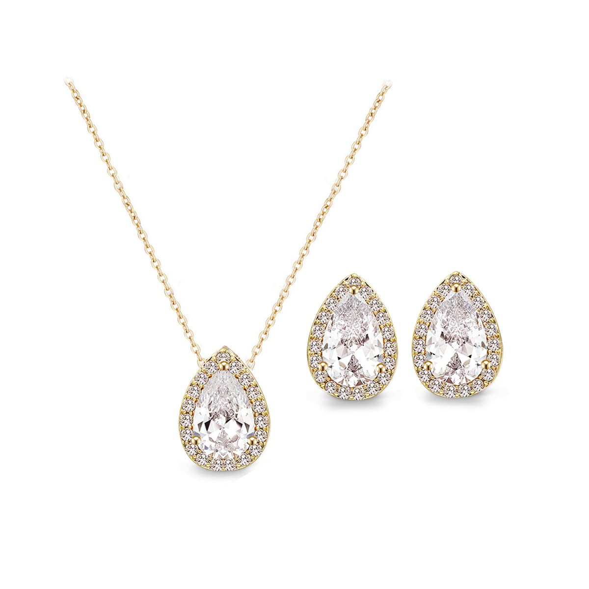 UDYLGOON Teardrop Cubic Zirconia Jewelry Set Necklace Earrings Bracelet Bridal Wedding Jewelry for Women Bridesmaid Prom Party (2 Set - Gold Plated)