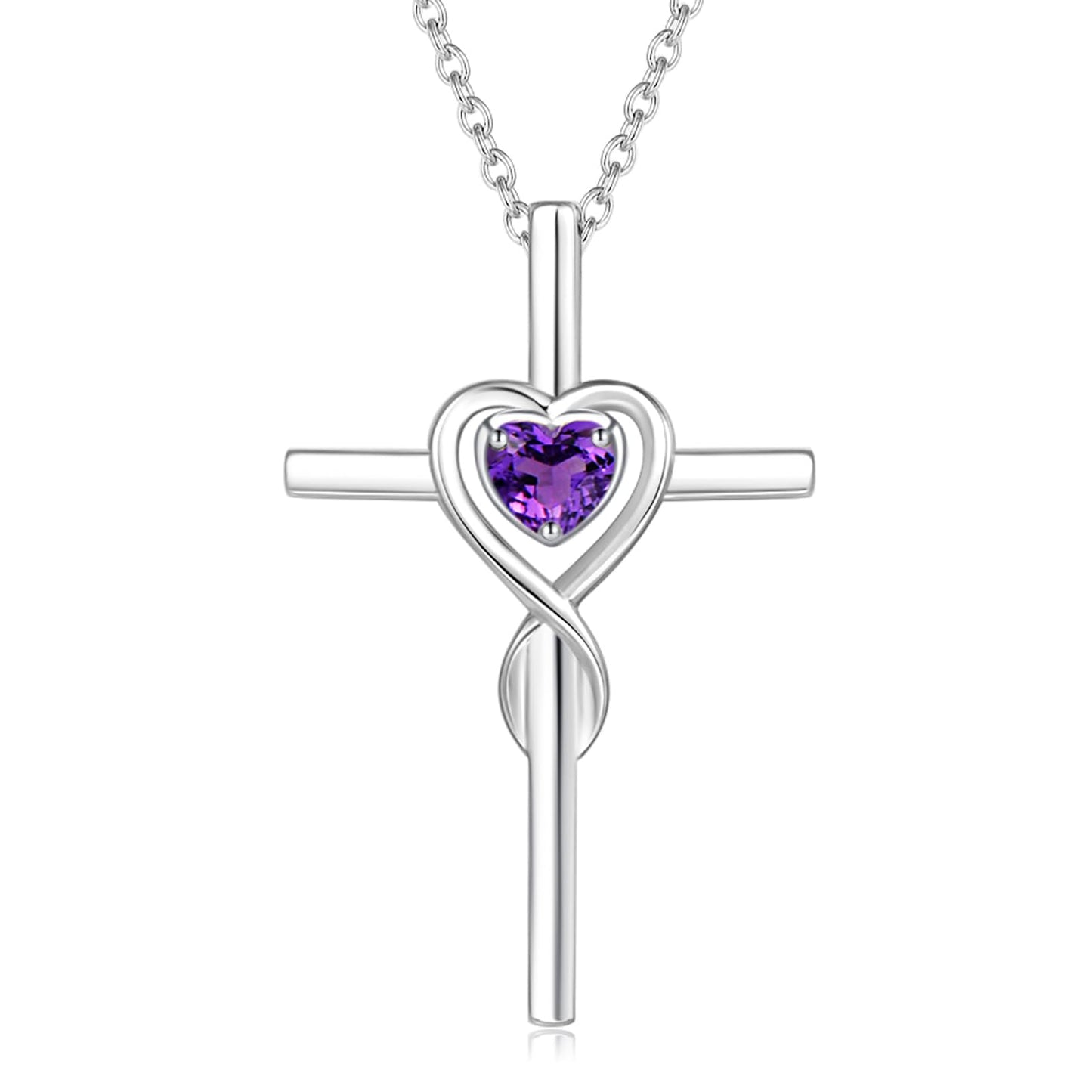 FANCIME Amethyst Cross Necklace For Women Sterling Silver February Birthstone Necklace Amethyst Heart Infinity Cross Pendant Fine Jewelry Gifts for Women