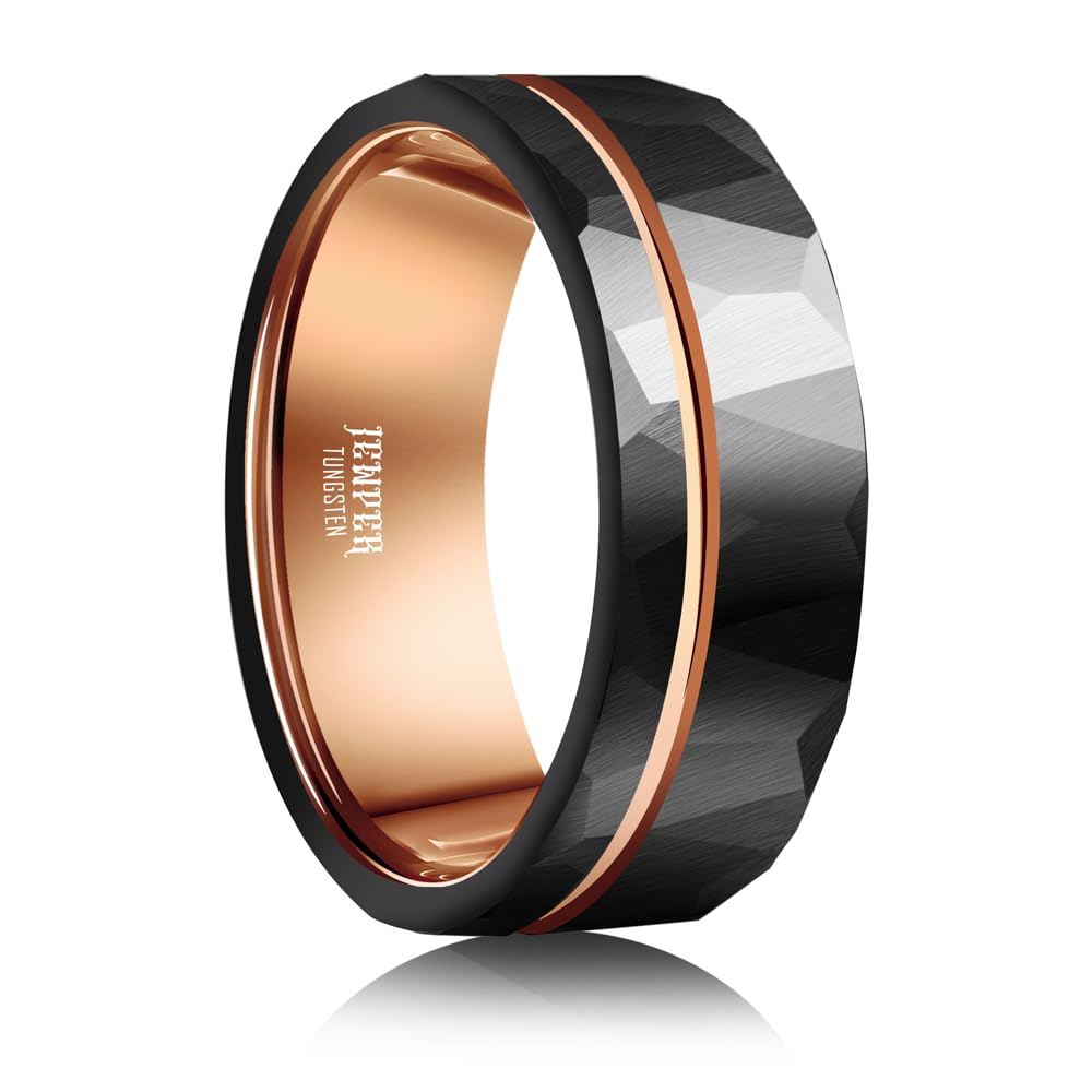 JEWPER 8mm Men Womens Wedding Band Tungsten Rings Black rose gold Fashion Promise Carbide Hammered groove design on outer ring Matte Finish Edge Comfort Fit Size(11)