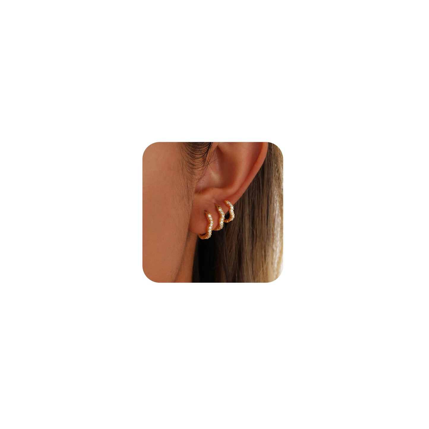 CAROVO 3 Pairs Gold Hoop Earrings for Women Trendy Dainty 14K Gold Plated Cubic Zirconia Wave Huggie Hoop Earrings Stack for Multiple Piercing Jewelry