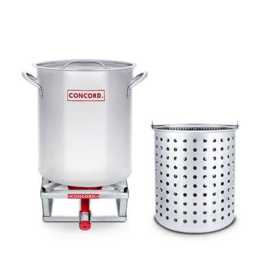 CONCORD 36 Quart Stainless Steel Stock Pot w/Steamer Basket + CONCORD 12" THE BLOCK BURNER in Stainless Steel, 100,000 BTU Single Propane Stove