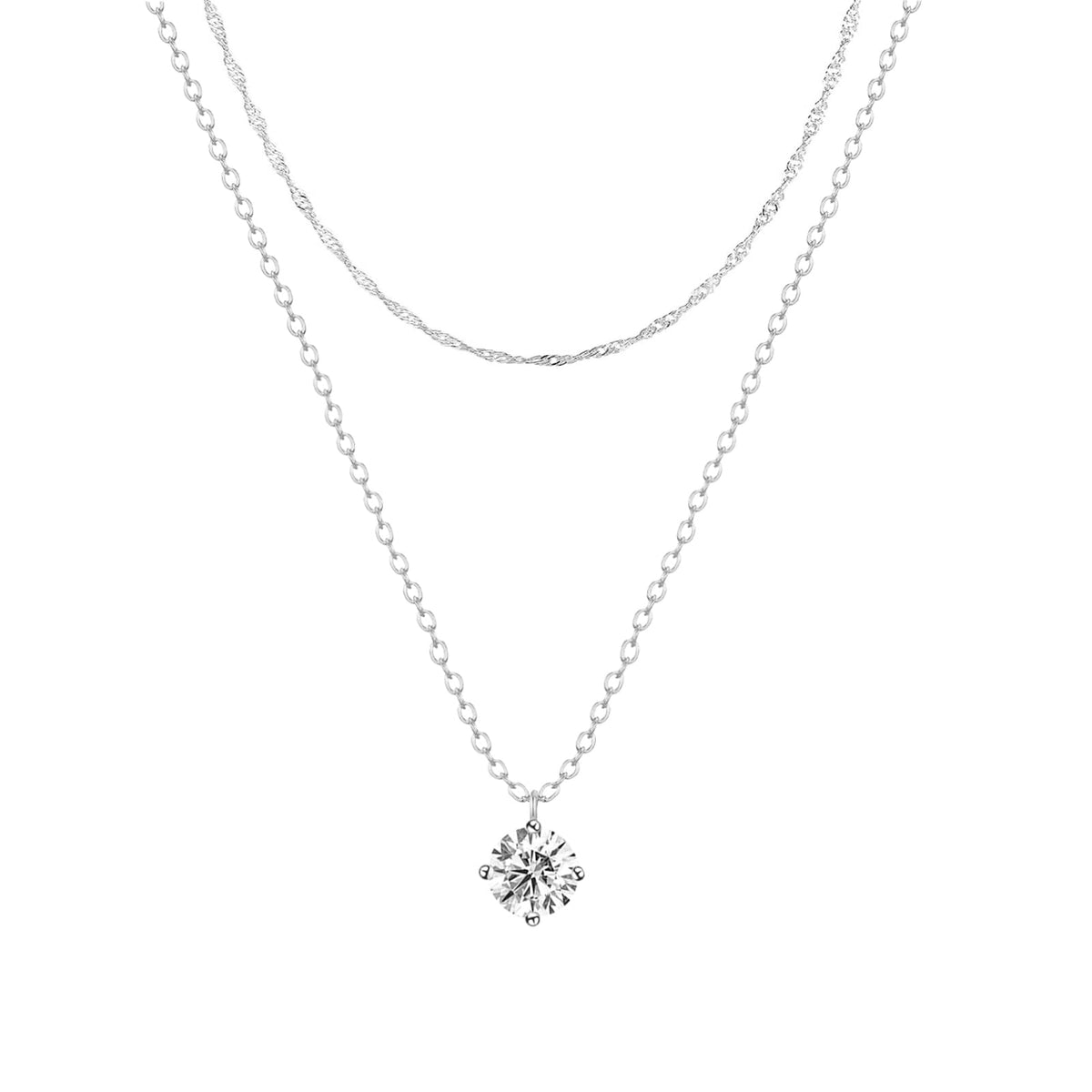 Zeffy Silver Necklace for Women Dainty Silver Layered Necklaces Silver Plated Diamond Necklaces Simple CZ Solitaire Pendant Necklace Cute Silver Chain Choker Necklaces for Women Trendy