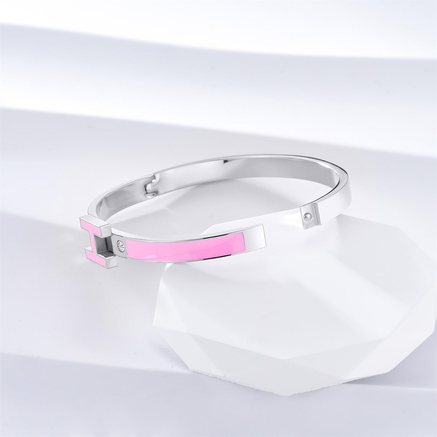 Hothink Gold Bracelets for Women, H Bangle Bracelet, Dainty 18K Gold Plated Stainless Steel Enamel Bracelet for Everyday, Work, Party, Stackable Gift for Mom, Wife, Girlfriend (Silver-Pink)