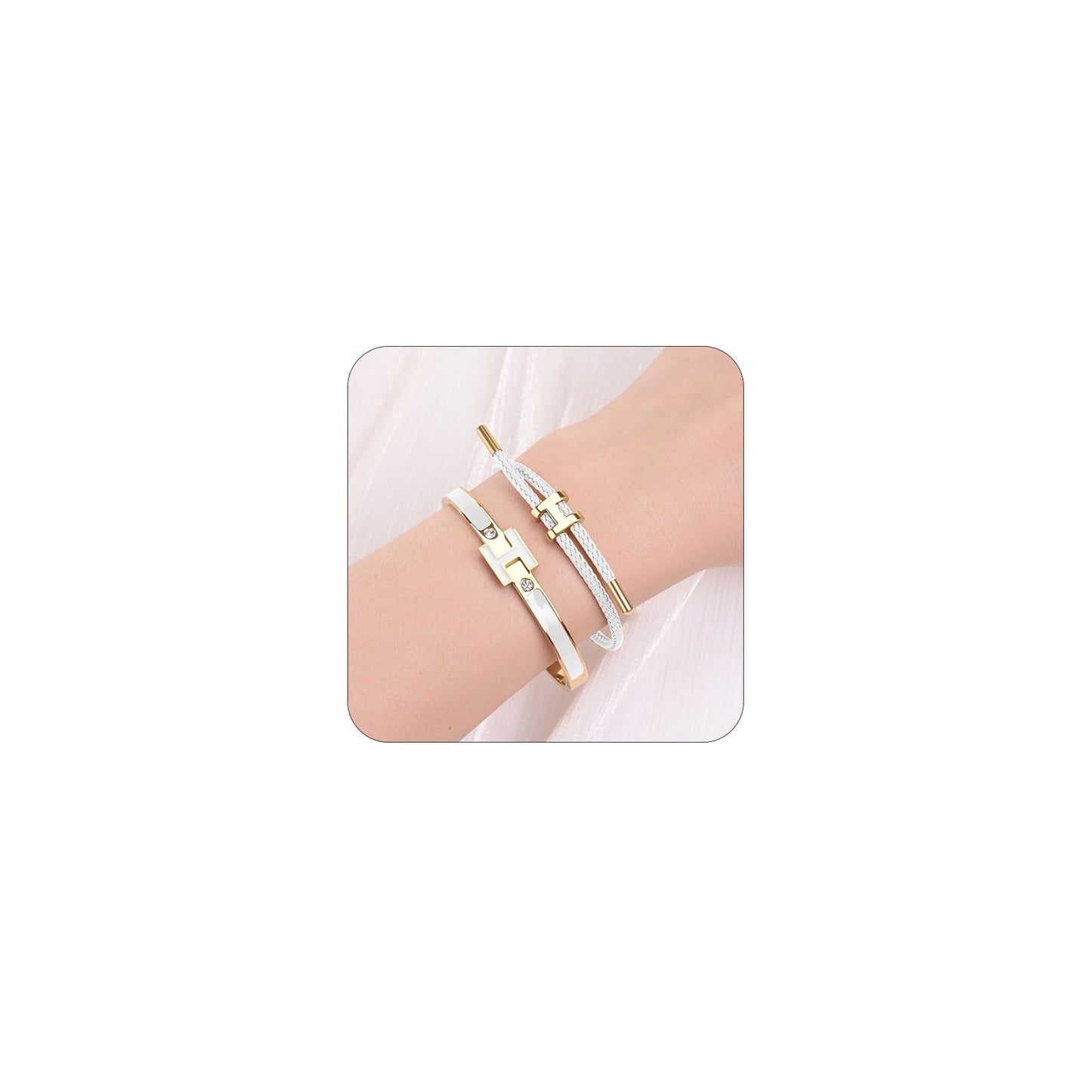 Hothink H Bracelets for Women,H Bangle and H Wire Rope Bracelet Set,Dainty 18K Gold Plated Bracelets Set for Christmas Mothers Day Gifts for Women (Gold-White)